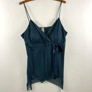Vintage Womens Y2K Babydoll Fairy Top Large‎ Turquoise Mesh Satin Bow Sparkle